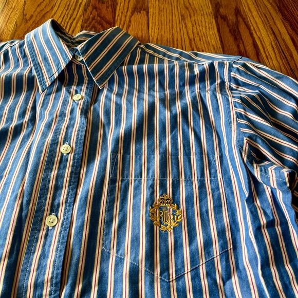 Lauren Ralph Lauren Women’s Size 10 Embroidered Crest Logo Striped Cotton Shirt - Picture 2 of 11